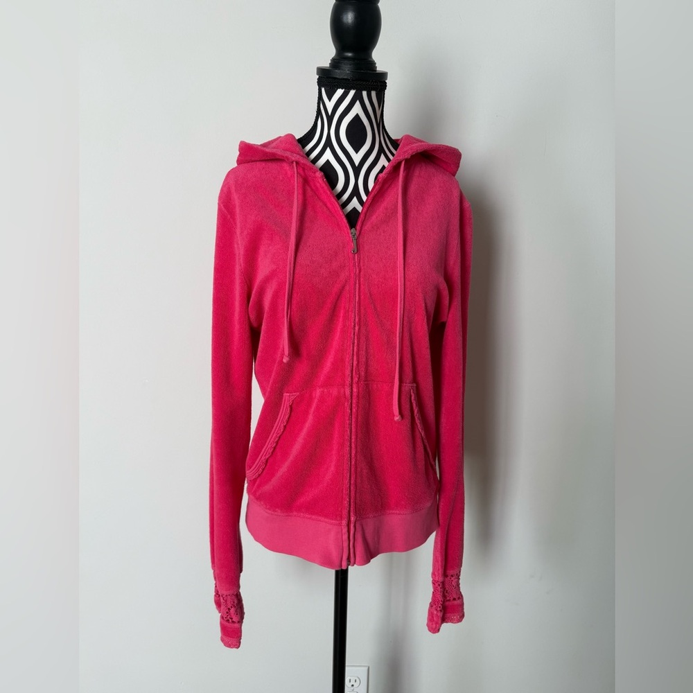 Vintage Y2K Juicy Couture Bright Pink Crochet Trim Terry Cloth Zip Up Hoodie